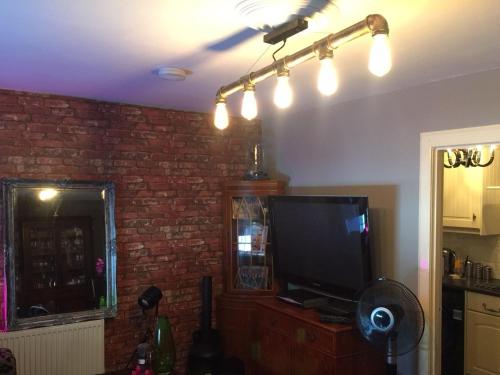 TillicoultryThe Clacks Rustic Abode的客厅配有电视和天花板灯
