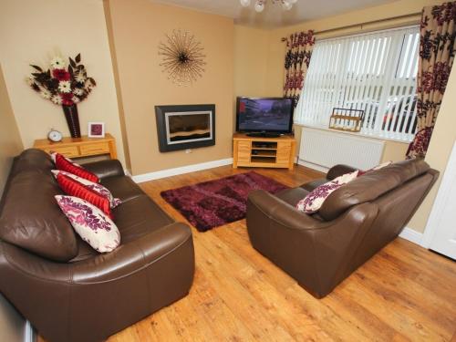 杜伦Colliery Cottage的客厅配有两张真皮沙发和一台电视机