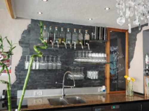布里德尔维恩凯菲科克恩兹赫公寓的酒吧设有装有瓶子和水槽的墙壁