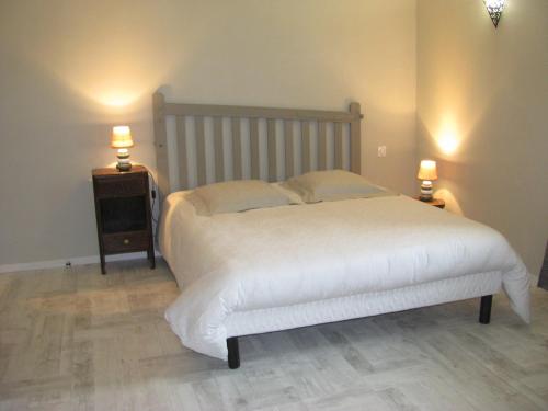 Saint-André-en-Vivarais乐派切德帕赛旅馆的一间卧室配有一张床,床头柜配有两盏灯
