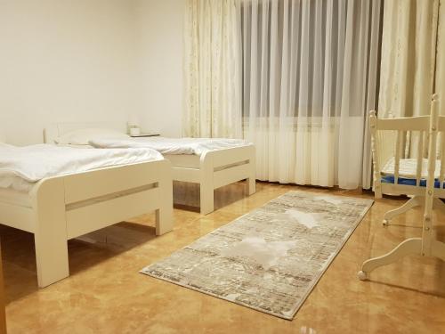 Dubrave GornjeApartment Paradise Enver的一间卧室配有两张床、一张婴儿床和一张地毯。