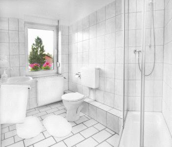 埃施韦勒Hotel Landhaus的白色的浴室设有卫生间和淋浴。