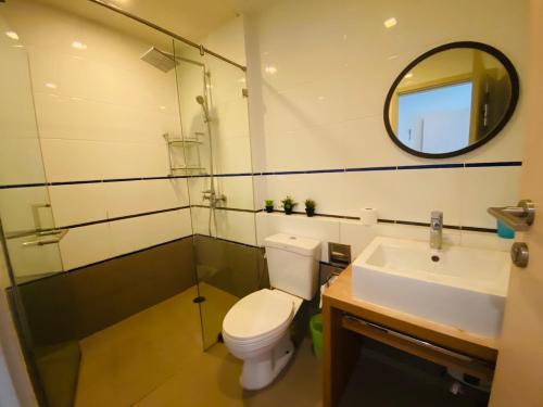 七岩班圣克兰姆公寓的一间带卫生间、水槽和镜子的浴室