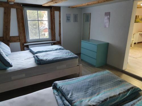 蒂蒂湖-新城Apartment Happy Memories的一间卧室设有两张床和窗户。