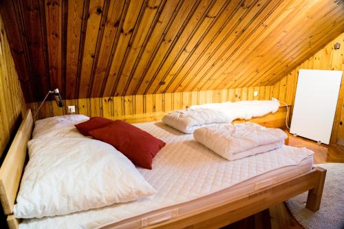 滨湖科伊查赫Chalet am See的配有木天花板的客房内的两张床