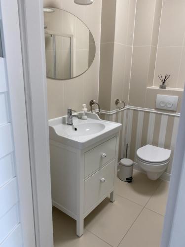 里沃Apartamenty AMALIA的白色的浴室设有水槽和卫生间。
