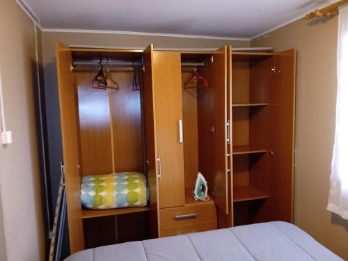 巴拉斯港CABAÑA EN PUERTO VARAS的一间卧室配有一张床和一些木橱柜。