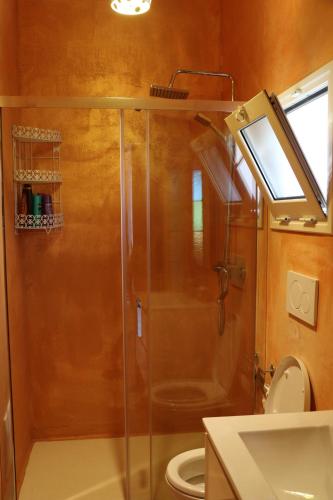 帕图Specchiulla的带淋浴、卫生间和盥洗盆的浴室
