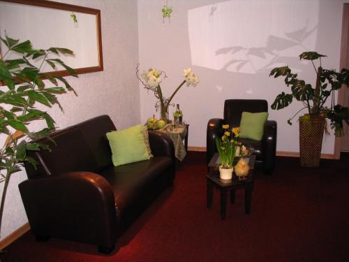 施泰纳赫斯科恩奥西赫特酒店的客厅配有真皮沙发和两把椅子
