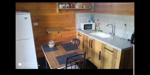 谢莫纳城בקתות היובל的厨房配有桌子、水槽和冰箱