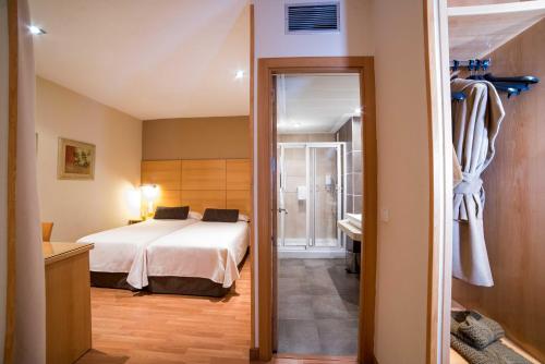 科尔多瓦Hotel Serrano的一间卧室设有一张床和一间浴室。