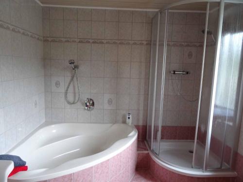 梅森Ferienhaus Dampferblick的设有带浴缸和淋浴的浴室。