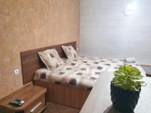 斯利文Студио Теа 2的一间卧室配有一张床和一张带盆栽的桌子