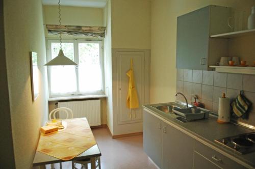 巴特基辛根Ferienwohnungen Rudolf und Dorothea Bamberg的厨房配有水槽、桌子和窗户