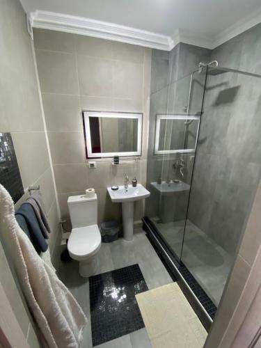 特鲁斯卡韦茨Роксолани 16 Апартаменти的浴室配有卫生间、淋浴和盥洗盆。