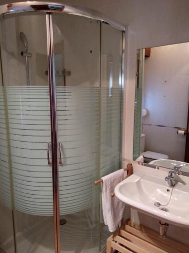 MendexaPension zelaigane的一间带玻璃淋浴和水槽的浴室
