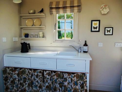ColkirkThe Oaks Glamping - Rubie's Shepherds Hut的厨房配有白色水槽和窗户