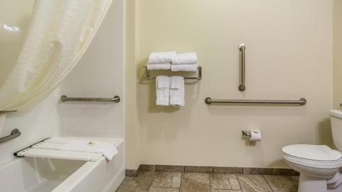 文顿Cobblestone Inn & Suites - Vinton, LA的浴室配有卫生间、水槽和毛巾。