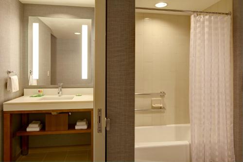 奥兰多奥兰多机场广场凯悦酒店的一间带水槽、浴缸和镜子的浴室