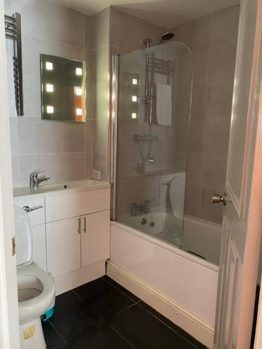 剑桥德比伯爵酒店的带浴缸、卫生间和淋浴的浴室。