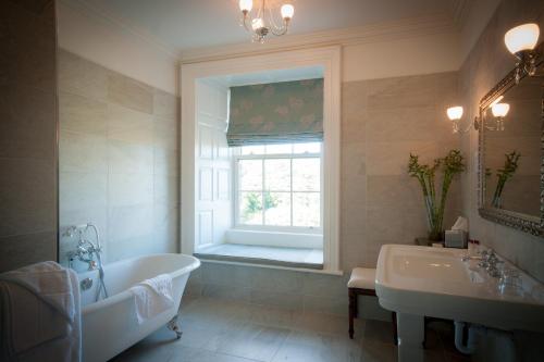 恩尼斯泰蒙瀑布酒店及水疗中心的带浴缸、水槽和窗户的浴室