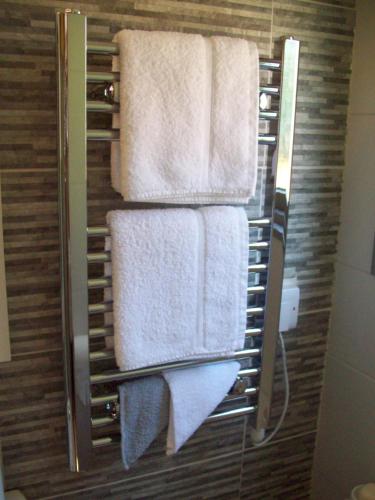 珀斯Waterloo Farm Shepherds Hut Glamping的浴室内带毛巾的毛巾架