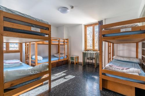 拉萨尔莱阿尔佩Auberge de Jeunesse HI Serre-Chevalier的宿舍间设有三张双层床。