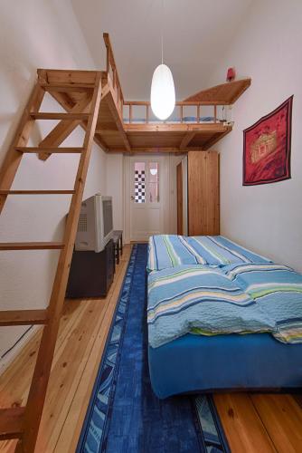 柏林Ruhige Ferienwohnung in Kreuzberg的一间卧室配有一张双层床和梯子