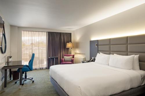 圣何塞Crowne Plaza San Jose La Sabana, an IHG Hotel的酒店客房设有一张大床和一张书桌。
