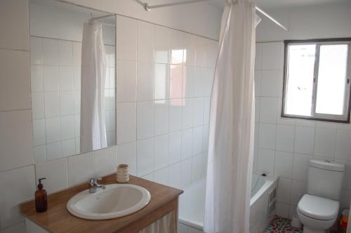 圣地亚哥Eco-Hostal Tambo Verde的一间带水槽、卫生间和镜子的浴室