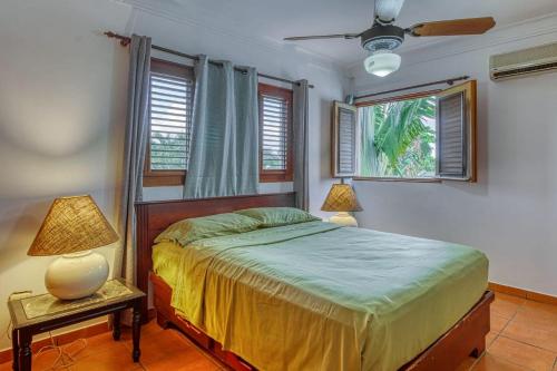 璜多里奥Marechiaro - Apartamento Vista Al Mar - Playa Juan Dolio的一间卧室配有一张床、两盏灯和两扇窗户。