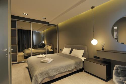 克卢日-纳波卡Sofia Apartments的一间卧室配有一张床和镜子