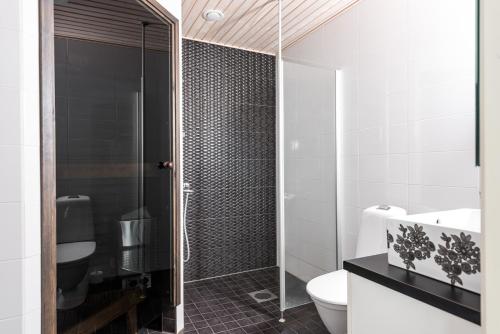 卡拉约基Rantakallan Hongisto huoneistot的一间带卫生间和玻璃淋浴间的浴室