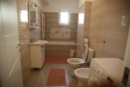 福克沙尼Lar Apartment的浴室配有卫生间、盥洗盆和浴缸。