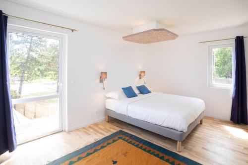 滨海卡约Chambre d'hôtes des pins的一间卧室设有一张床和一个大窗户