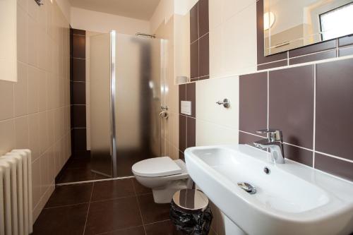 比尔森斯特拉酒店的一间带水槽、卫生间和淋浴的浴室