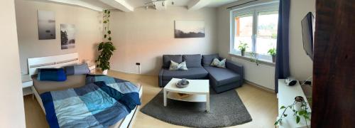 乌斯拉尔Fachwerk FeWo Schoningen的带沙发和床的小客厅