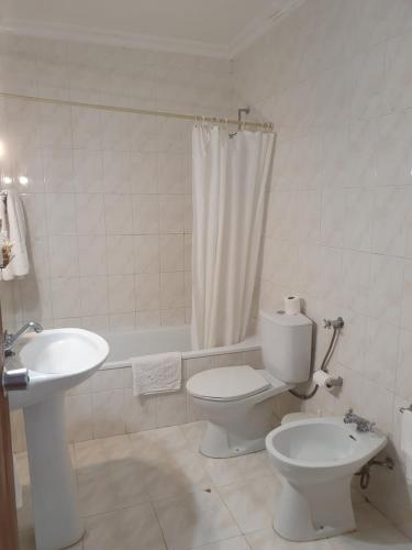 梅达Hotel Novo Dia的白色的浴室设有卫生间和水槽。