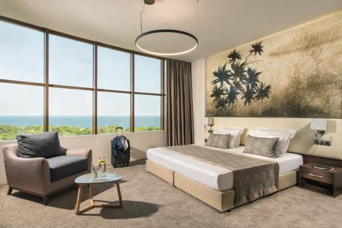 瓦尔纳瓦尔纳罗斯林迪米亚特酒店的一间卧室配有一张床、一把椅子和窗户。