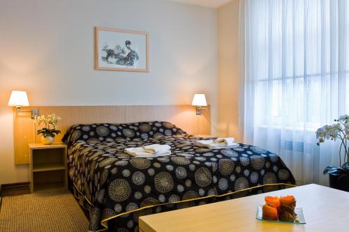 拉克韦雷雅特酒店的酒店客房配有一张床铺和一张桌子。
