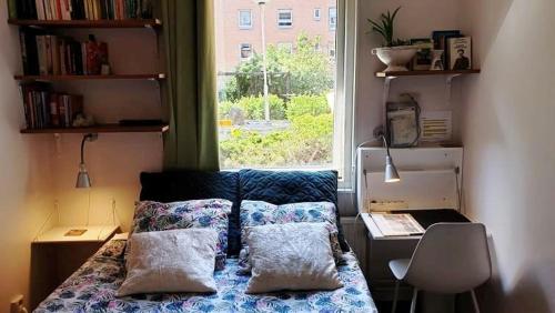 马尔默Entire private 2 rooms apartment in city center of Malmö close to Copenhagen的卧室配有带枕头的床铺和窗户。