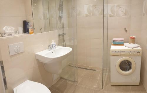 格奥尔盖尼Orhidea Apartman的一间带水槽、卫生间和淋浴的浴室