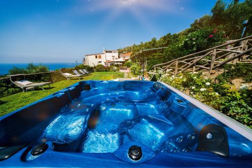 马萨鲁布朗斯Villa Lorelei的蓝色浴缸位于庭院顶部