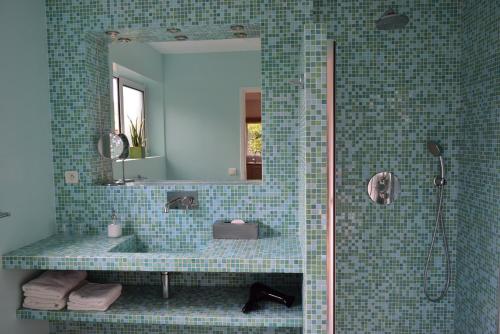 居让梅斯特拉Fare Bambou的蓝色瓷砖浴室设有淋浴和镜子