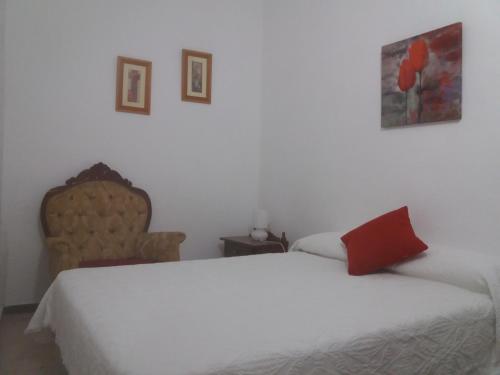 San PedroCasa Rural Zalemy的卧室配有白色的床和红色枕头