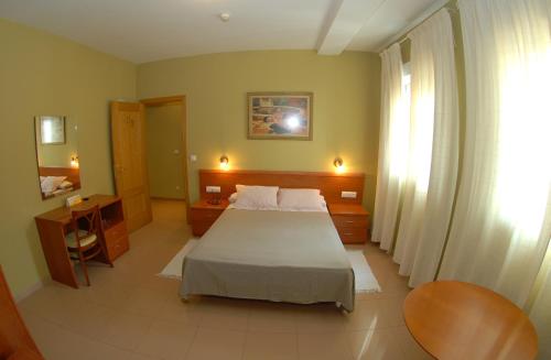 普拉森西亚Hotel Dora的一间卧室配有一张床、一张书桌和一个窗户。