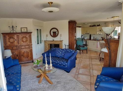 温特贝格Villa Meisterstein的客厅配有蓝色的沙发和桌子