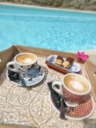 拉斯纳瓦斯德尔马尔克斯Posada Rural La Flor的两个杯咖啡和饼干放在一个泳池旁的托盘上