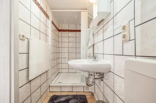 巴特Ferienhaus Barth FDZ 451的白色的浴室设有水槽和淋浴。