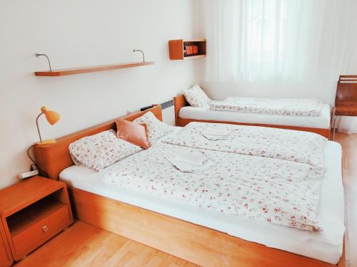奥什恰德尼察Apartmán 302 Oščadnica的带床头柜的客房内的两张单人床